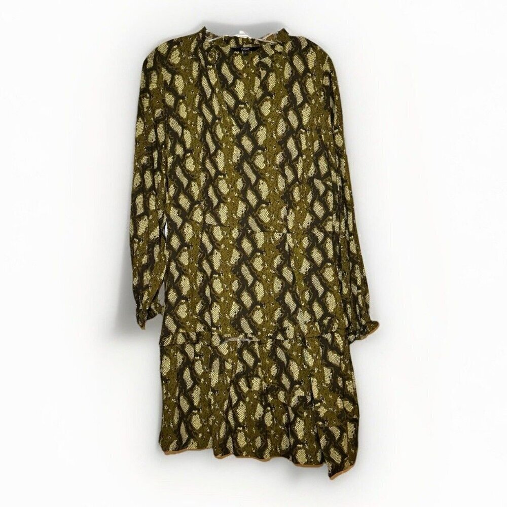 Next OLIVE GREEN Snakeskin PRINT A-LINE LONG SLEEVE DRESS SIZE 14 UK Size 10 US